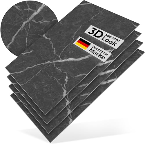 WANEELL 3D PVC Wandpaneele Marmoroptik – 4 Stück 120×60 cm – wasserfeste Wandverkleidung für Bad, Küche, Wohnbereich, Büro & Hobbyraum – einfache Montage ohne Bohren- Thunder Black