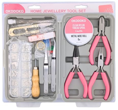 OKODOKO 17pc Jewellery Making Tool Kit for Handmade Bracelets, Earrings, Necklace Repair - Arts & Crafts Gift for Her/Daughter/Mum with Findings (600pc), Tools, Nylon & Wire