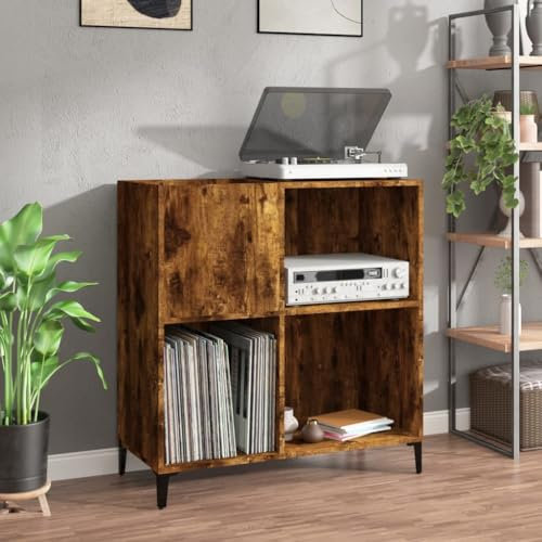 Makastle Meuble Platine Vinyle, Rangement Vinyle, Support de Tourne-Disque, avec Étagère, Étagère de présentation, chêne fumé 84,5x38x89 cm bois d'ingénierie