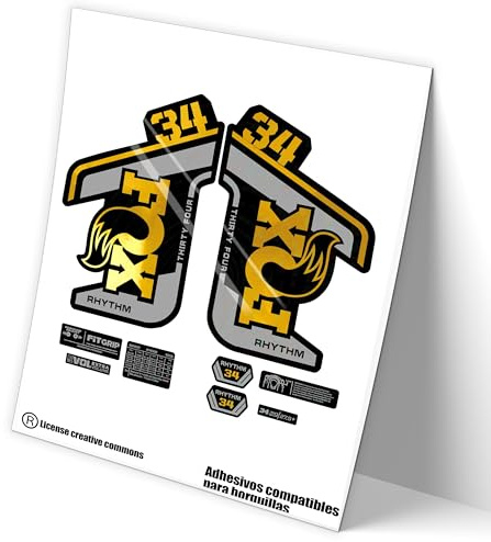REF:VP457 Autocollants compatibles avec fourche FOX 34 RHYTHM 2021-22 BICOLOR VTT, autocollants, autocollants, vinyles pour vélos de montagne (CHROME-GOLD)