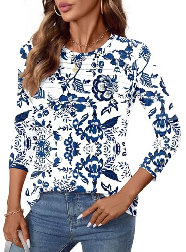 Kistore Womens Long Sleeve T Shirt 2026 Fall Fashion Womens Tops Classic Crewneck Pleated Sweaters Floral Print Ladies Blouses S