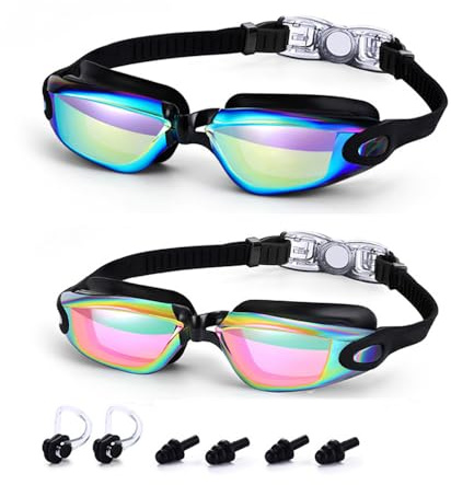 XFSRG 2 Pièces Lunette Piscine Adulte de Natation à Verres Polarisés Anti Buée Protection contre les UV avec Pince Nez et Bouchons d'Oreille pour Hommes Femmes Nage la Plongée(Or + Rose)