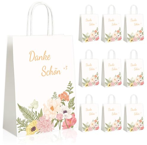 10 Stück Geschenktüten Papier mit Blumenmotiv, 15x8x21cm Dankeschön Geschenktasche, Weiß Kleine Papiertüten mit Henkel für Geschenkverpackung zum Geburtstag, Hochzeit Anlass usw.