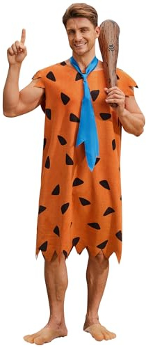 Mainfini Big Cave Man Couple Costume Clothes Set Adult Men Caveman Outfit with Classic Tunic Inflatable Bat Tie Funny Cosplay Competition Stone Age Theme Party 2XL