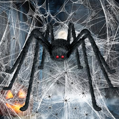 woleeup Halloween Decorations Outdoor Gaint Spider - 50'' Halloween Spider + 40g Cobweb & 50pcs Fake Spiders Props for Indoor Outdoor Garden Scary Haunted House Theme Party Yard (01-Black)