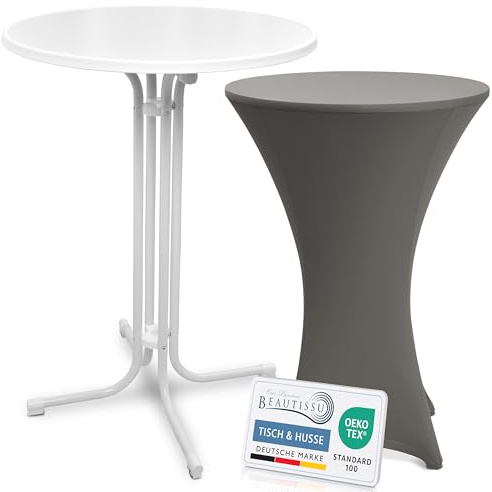 Beautissu Stehtisch klappbar 80cm mit Stretch Stehtischhusse Outdoor | Weiß Anthrazit kratzfest UV- & wetterbeständig Husse rutschfest waschbar & bügelfrei Weißer Bistrotisch Bar Bellini & Stella