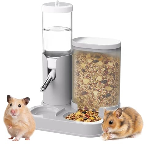 BAGHPBM 2 in 1 Hamster Water Bottle, Automatic Feeder, No Drip Small Animal Water Dispenser Food Bowl for Syrian Dwarf Hamsters, Gerbils, Mouse, Hedgehog, Hamster Cage Accessories (Gray)