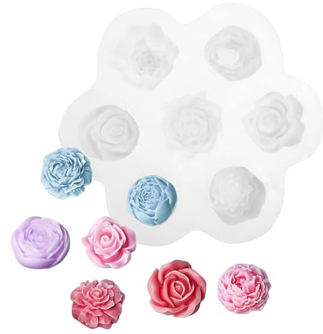 LOLANIUT Set di stampi a forma di rosa in silicone (7 design) + 10 g di materiale di riempimento Raffia, antiaderente e resistente alle temperature, per cioccolato, resina epossidica, fondente, sapone