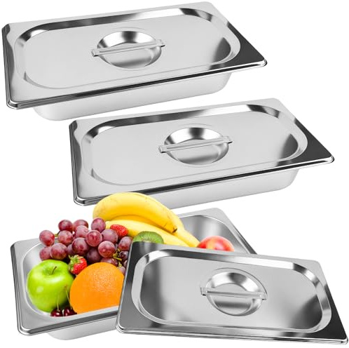 3 Stück GN Behälter mit Deckel 32,5 × 17,5 × 6,5 cm, GN 1/3 Gastronormbehälter Edelstahl mit Deckel, Rostfrei und langlebig, Panierschalen Set 3-teilig, Gastro Behälter für Großküchen, Restaurants