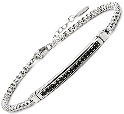 SAGA GIOIELLI® Herrarmband i stål med rund stickning, mittbar och svarta kristaller – Fars dag, födelsedag, jul, alla hjärtans dag, årsdag - presentförpackning ingår