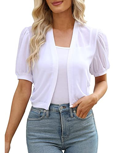 Cardigan d'été élégant pour femme - Boléro court blanc - Cardigan à manches courtes - Veste d'été légère - Poncho de plage fin - Cardigan en tricot - Protection solaire - Cape surdimensionnée - Col en
