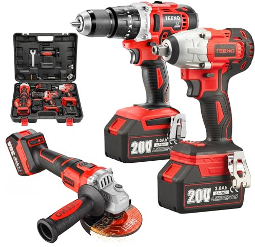Set di utensili 3 in 1 TENNO, comprendente un trapano a percussione, un avvitatore a percussione e una smerigliatrice angolare brushless, con 2 batterie da 20 V incluse