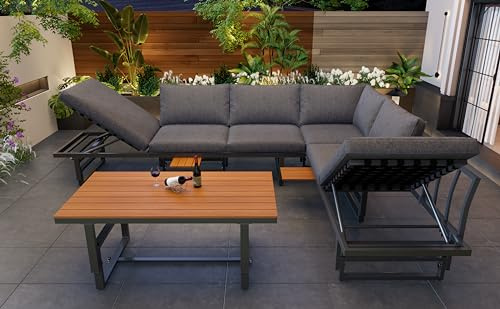 Bladez Set di mobili da giardino regolabili da 3 pezzi, con 2 divani e tavolo, set lounge per esterni con legno di acacia e struttura in metallo verniciato a polvere, mobili da balcone per terrazza e