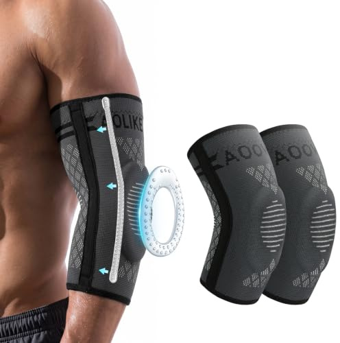 AOOWU 2 pezzi Tutore Epicondilite Gomito, Tutore Gomito Sportiva con Cuscinetto in Silicone e Doppio Stabilizzatore, Gomitiera per del Tennista, per Epicondilite, Tendinite, Unisex Uomo Donna (L)