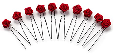10 x Rosen auf Haarnadel - für flache Haarpartien - Brauthaarschmuck | S-F - Bordeaux Rot