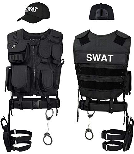 Black Snake® SWAT FBI Police Security Kostüm inkl. Einsatzweste, Pistolenholster, Gürtel, Handschellen und Baseball Cap - M/L - SWAT