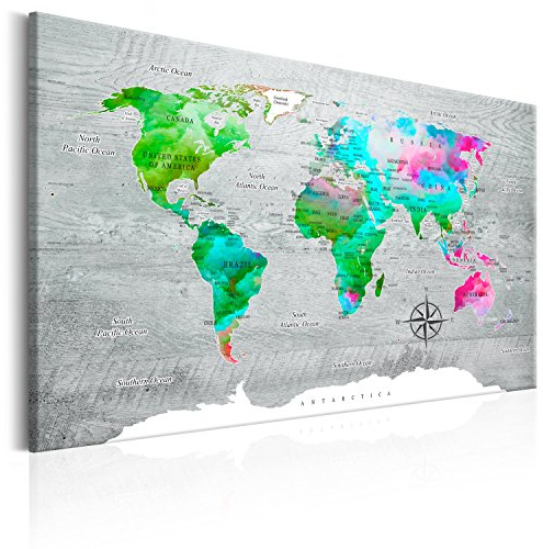 B&D XXL Weltkarte Pinnwand & Vlies Leinwand Bild 90x60 cm Bilder mit Kork Rückwand 1 Teilig Kunstdruck Korktafel Korkwand Memoboard Pinboard Wandbilder Karte Landkarte k-C-0049-p-c