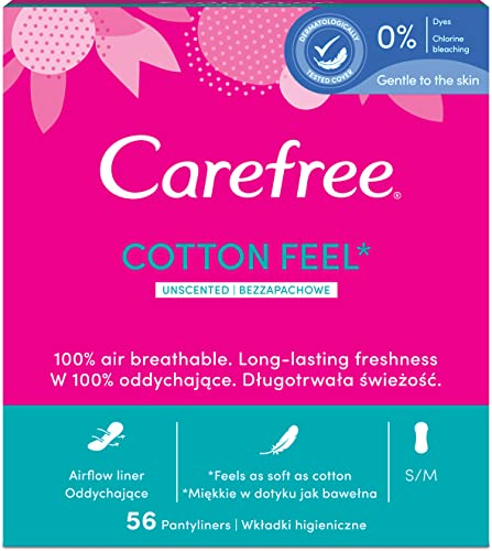 Carefree Cotton Unscented Panty Liners (1x Pack of 56), Soft and Comfortable Panty Liners for Women for Daily Use, Long-Lasting Freshness, 100% Breathable Underwear Protection