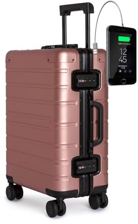 TOKYOTO Valise Cabine Aluminium avec USB Légère Rigide, Valise Moderne pour Voyager Jeunes et Adolescents, Roues Doubles Serrure TSA 55x35x20 Trolley Bagage Cabine à Main 55x40x20 cm Salmon Logo