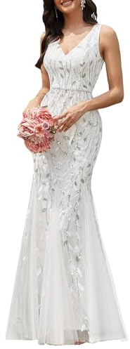 Ever-Pretty Women's Sexy V Neck Sleeveless Elegant Floor Length Long Mermaid Ball Evening Gowns Dresses White 12UK