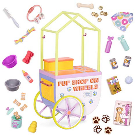 Glitter Girls Verkaufsstand mit Haustierbedarf – Puppenzubehör für 36 cm Puppen mit Hundefutter, Accessoires und mehr – für Kinder ab 3 Jahren (33 Teile)