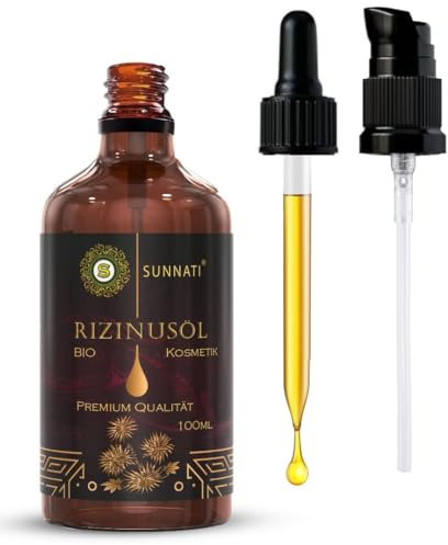 Sunnati® Bio Rizinusöl Kaltgepresst 100% Rein - Organic Castor Oil for Hair Growth - 100ml Rizinus Öl für Wimpern, Augenbrauen, Haare, Bart, Nägel, Haarwachstum - Glasflasche mit Pipette & Pumpe