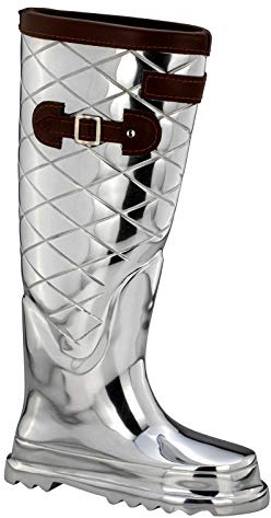 Schirmständer Gummistiefel Design 45 cm - silberfarbener Regenschirmhalter aus poliertem Aluminium mit Lederlaschen - origineller Regenschirmständer für Flur & Wohnbereich