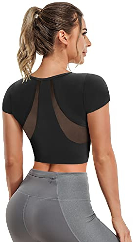 T-Shirt de Sport Femme Top de Yoga Débardeur Sport à Manche Courte en Maille avec Soutien-Gorge intégré pour Gym Fitness (Noir, XXL)