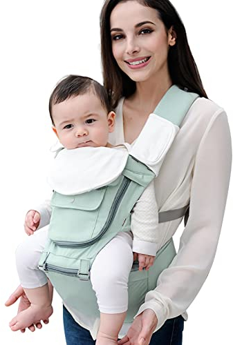 WHSPORT Babytrage Ergonomische mit Breiter Hüftsitz, Atmungsaktiv, Multiposition, mit Abnehmbarer Kapuze, Einstellbar für Neugeborene und Kleinkinder von 0 bis 3 Jahren Kindertrage (Color : Green)