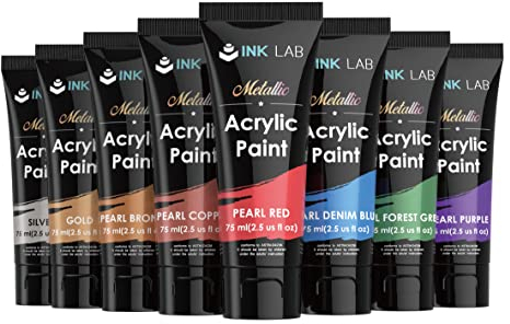 INK LAB Metallic Acrylic Paint Set 8 Colors Metallic Paints Non Toxic for Artists Beginners Rocks Crafts Canvas Wood Painting, Rich Pigment & No Fading, 75ml/Tubes