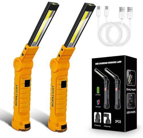 Paquete de 2 luces LED de trabajo, luz COB recargable por USB con base magnética, rotación de 360° y 5 modos, linterna plegable para reparación de automóviles, taller, hogar y uso de emergencia