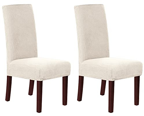 H.VERSAILTEX Stretch Dining Chair Covers Set of 2 Chair Covers for Dining Room Parsons Chair Slipcover Chair Protectors Covers Dining, Feature Textured Checked Jacquard Fabric, Ivory