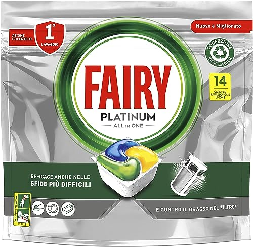 Fairy Platinum Detersivo Pastiglie Lavastoviglie, Brillantante, 14 Capsule Lavastoviglie, Limone, Con Sistema Di Prelavaggio Integrato, Efficace Nelle Sfide Difficili Contro Lo Sporco