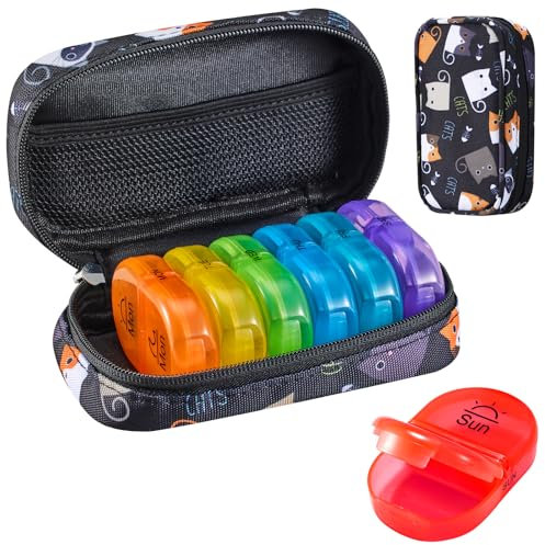 Serfeymi Tablettenbox 7 Tage Morgens Abends Pillendose 7 Tage 2 Fächer Regenbogen Medikamentenbox Tabletten Organizer mit Tragbarem Reißverschluss Canvas Tasche für Medikamente, Fischöle – Schwarz 02