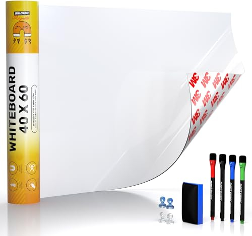 Whiteboard Folie 40x60cm - 3M Magnetfolie selbstklebend - Magnetische Tafelfolie abwischbar - Praktische Ferrofolie Weiß - Whiteboardfolie inkl. 4 Marker, Radiergummi und 4 Pins