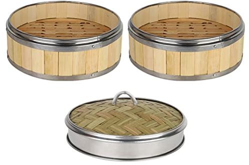 PAREKS Bamboo Steamer Baskets 1 Set 2 Tier Food Steamer with Lid Bun Dumpling Maker for Cooking Dim Sum Rice Meat Veggies