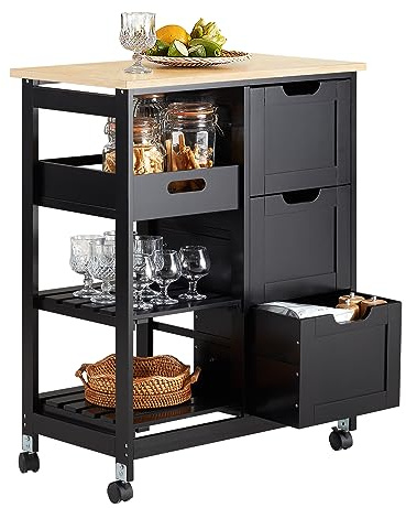 SoBuy Carrello Cucina con 3 Cassetti e 1 Cestino, Mobiletto Cucina Salvaspazio con 4 Ruote Girevoli, Credenza Cucina o Bagno, Mobiletto Cucina Dispensa, L68 x P38 x A85 cm, nero,FKW79-SCH