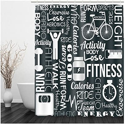 Whoiy Duschrollo Schwarz, Duschvorhang 180X200 Ums Eck Polyester Shower Curtains Englisches Wort Fitnessgeräte Weiß Grau für Outdoor Hotel