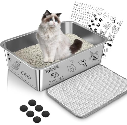 Lohofrnny Edelstahl Katzenklo, 60×40×15cm Große XXL Katzentoilette aus Edelstahl, Katzenklo Geruchsfrei für Großes Häschen und große Katze, leicht zu reinigen, Anti-Rutsch Gummiboden