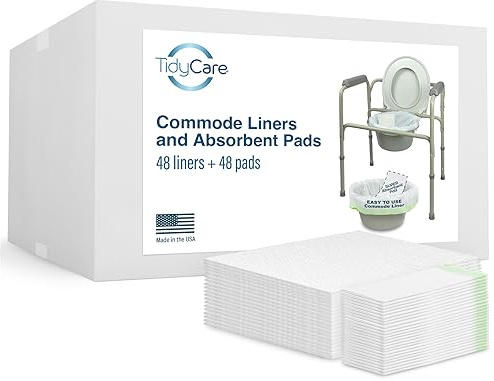 TidyCare Disposable Bedside Commode Liners and Pads for Portable Toilet Chair Seat Bucket and Bedpan | Combo Pack of 48 Waste Bags and 48 Absorbent Pads | Universal Fit