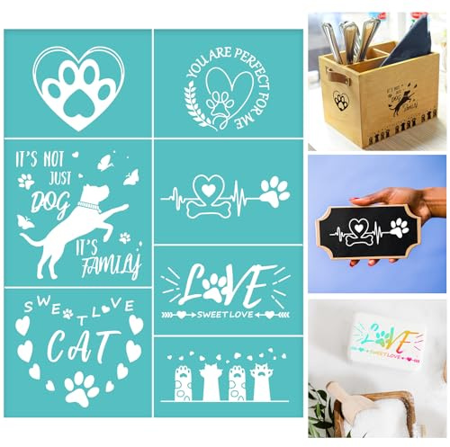 BEUNITONE 2pcs Dog Paw Print Self-Adhesive Silk Screen Transfer Stencil - Love Cat Printing Mesh 11x8.5 Reusable for DIY Painting on Wood Fabric Chalks Home Decor