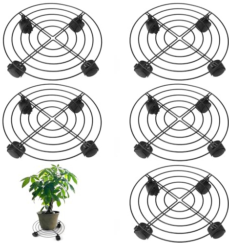 GENHAKON 5 Pack 10.6 Inch Metal Plant Caddy with wheels, Heavy Duty Plant Dolly for Indoor and Outdoor Large Potted Plants, Black