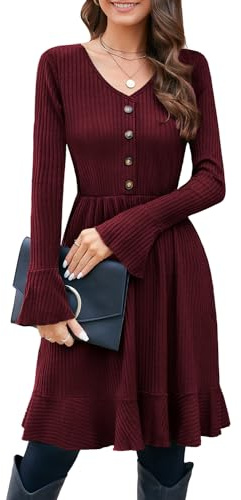 ULTRANICE Abito in Maglia Abito Maglione da Donna con Scollo a V con Bottoni Decorativi Abiti Autunno Inverno