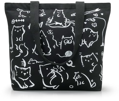 WIERAEM Niedliche Katzen Canvas Tote Bag Aesthetic, Einkaufstasche für Damen, mit Reißverschluss und Innentaschen Tragetasche, Baumwolle Tasche Wiederverwendbare