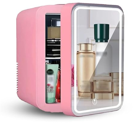 Mini RéFrigéRateur De Voiture, 8L,avec Miroir De Courtoisie LED Petit Frigo Pas Cher, Voiture,Maison,Chaud Et Froid 2 en 1 RéFrigéRateur Beauté, Convient pour Chambre, Dortoir,Pink