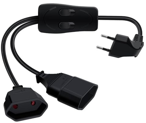 HuaLiSiJi 2 in 1 Eurostecker mit Schalter 2,5A 250V Schwarz 1.5m | Eurostecker Verteiler 2fach mit Schalter H05VV-F 2x0.75mm² für Haushaltsgeräte Ladestecker TV Computer Leuchten Etc