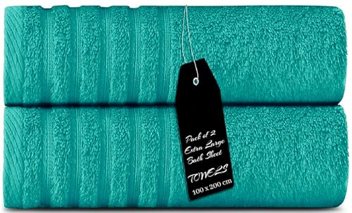 THE TEXTILE COMPANY 2 x lyxigt jumbo badlakan 100 % kammad ringspunnen bomull 100 x 200 cm ultramjuk och mycket absorberande, tjocka stora badrumshanddukar (blågrön)