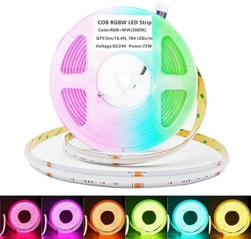 DC24V COB RGBW LED Streifen,5m Dimmbar RGB Warmweiss Flexibel Hohe Dichte Gleichmäßiges Licht,3920 LEDs,5 Draht RGBWW Streifen für Ambientebeleuchtung,nur RGBW LED Strip,Ohne Netzteil und Controller