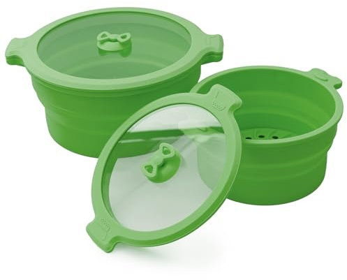 MORSNE Collapsible Silicone Bowls with Lids for Camping, Microwave, Travel & Outdoor Hiking - Green 2 Pack (0.8L+1.4L)