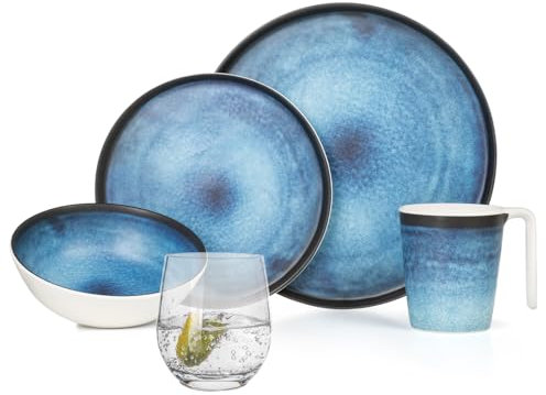 Vaisselle de camping en mélamine - Pour 4 personnes - Océan profond + 4 verres à eau - Pour pique-nique et barbecue